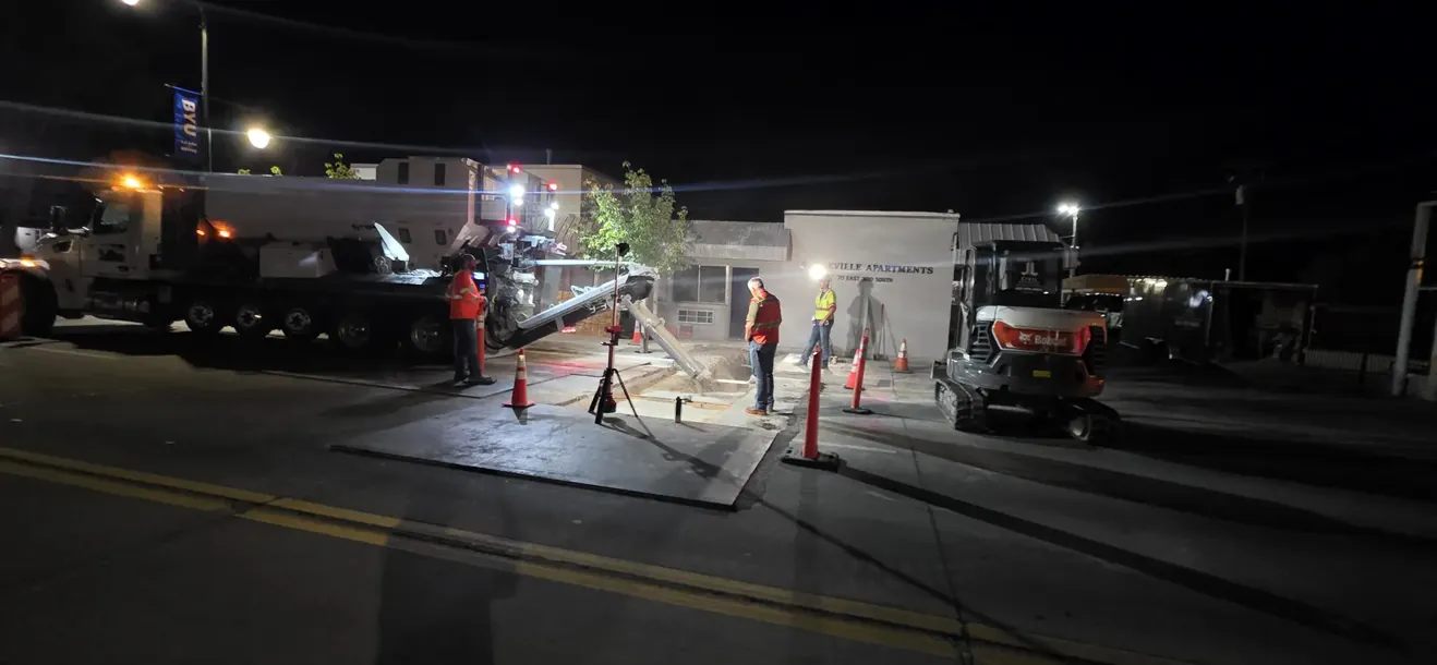 The work zone set for night operations in downtown Provo.